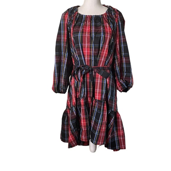 Draper James RSVP Red Black Bow Back Dress Plaid Size 1X Preppy Southern a3 - Picture 3 of 8